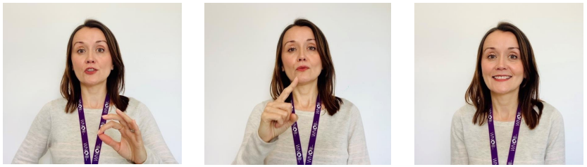 Tri ddelwedd o fenyw yn defnyddio iaith arwyddion