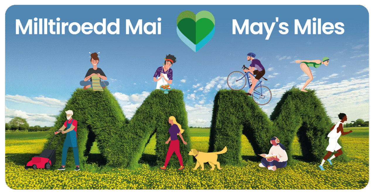 Posteri Hyrwyddo Miliau Mai. Darluniau o bobl yn gwneud gweithgareddau amrywiol gan ddarllen, beicio, nofio