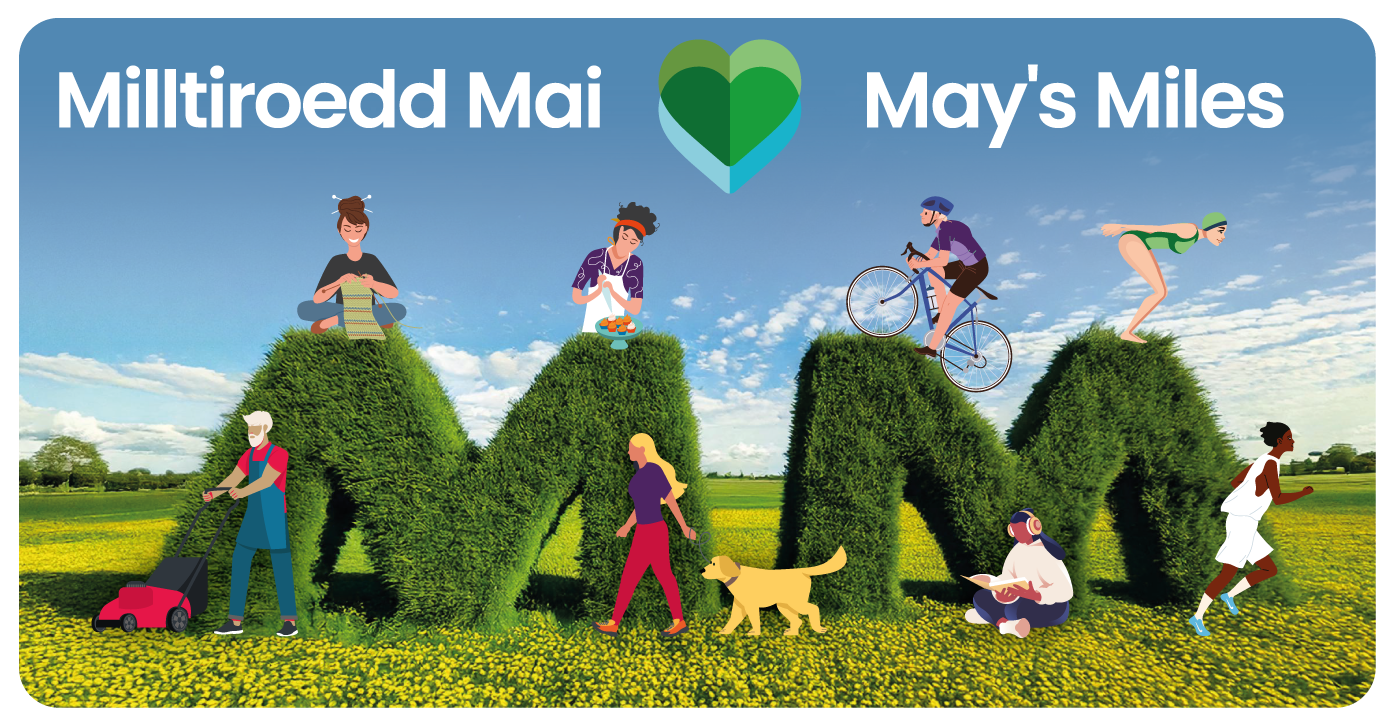 Posteri Hyrwyddo Miliau Mai. Darluniau o bobl yn gwneud gweithgareddau amrywiol gan ddarllen, beicio, nofio