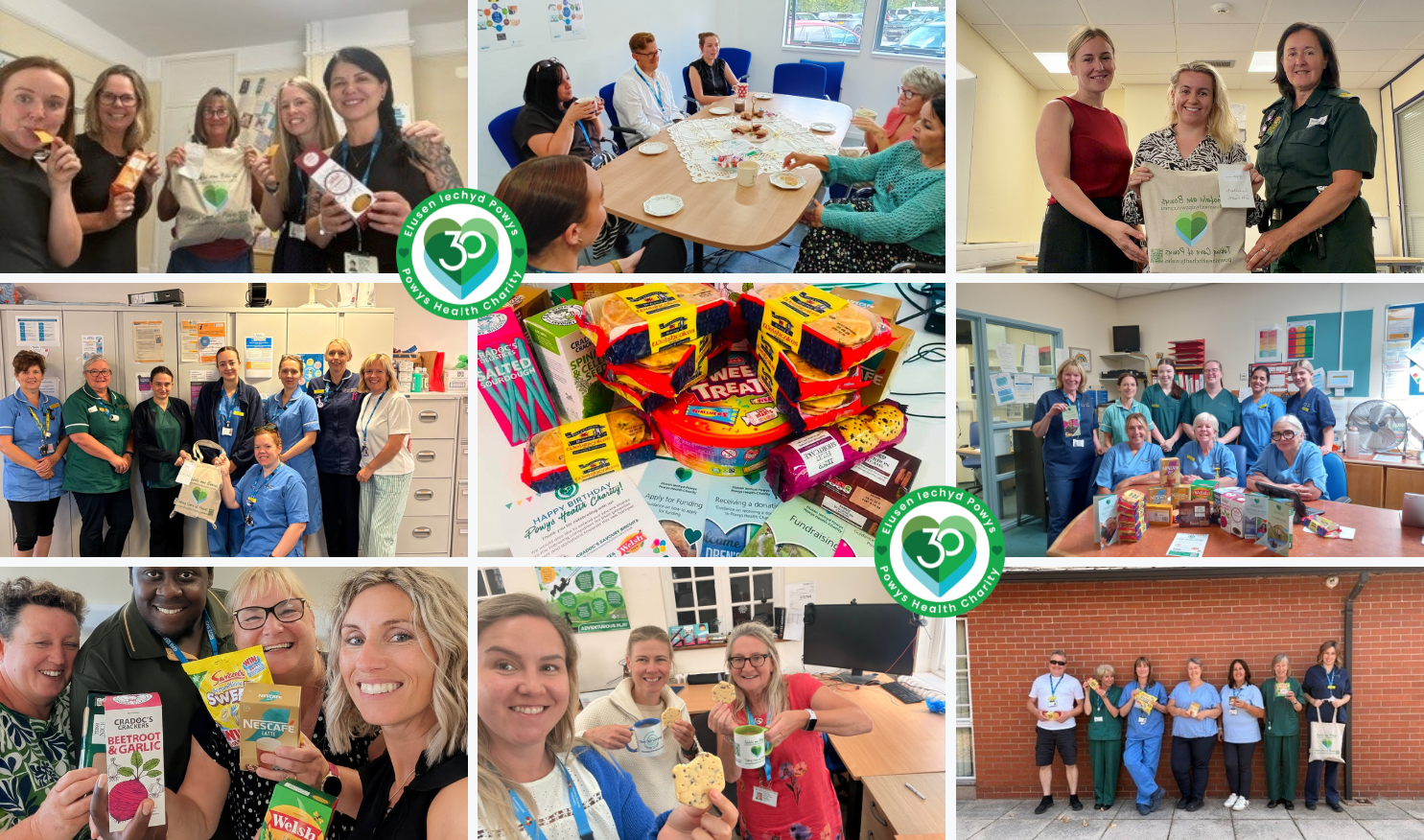 Collage o luniau o staff yn mwynhau Basged Te.