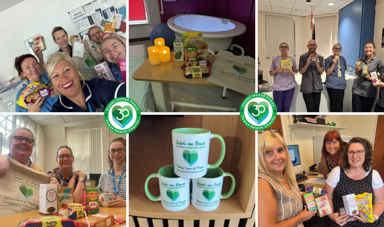 Collage o luniau o staff yn mwynhau Basged Te.