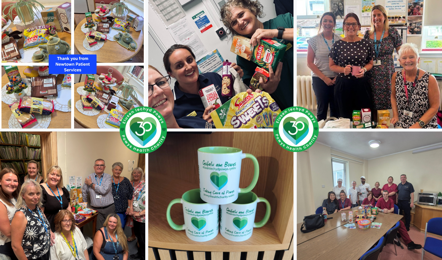 Collage o luniau o staff yn mwynhau Basged Te.